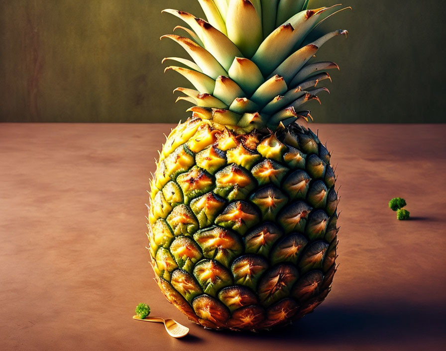 Ripe pineapple on table with textured skin and green crown