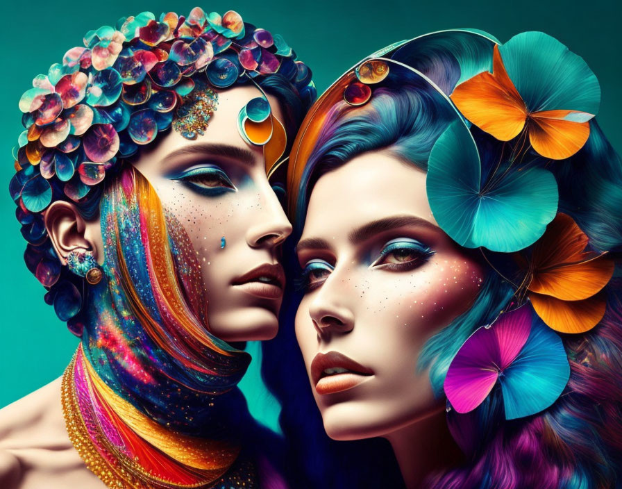 Artistic makeup with vibrant flowers and jewels on two people against teal background