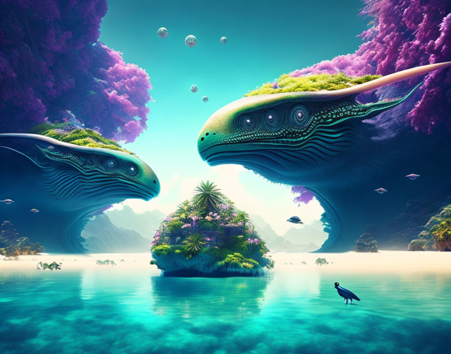 Surreal landscape featuring whale-like creatures, floating island, and underwater elements