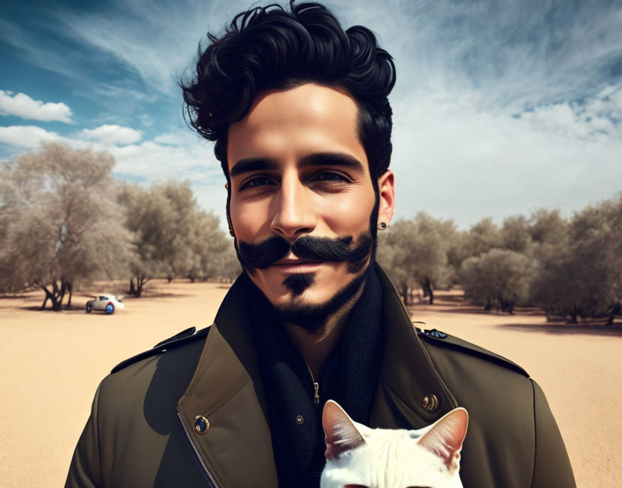 Man with mustache holding white cat in desert landscape