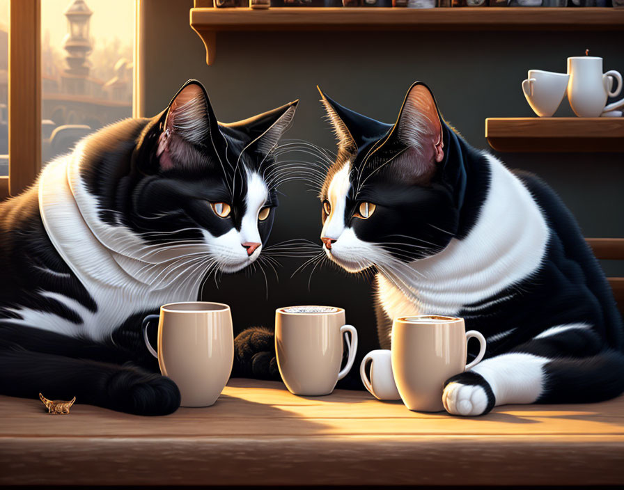 Black and White Cats Sitting by Window with Sunlight, Coffee Mugs, and Figurine