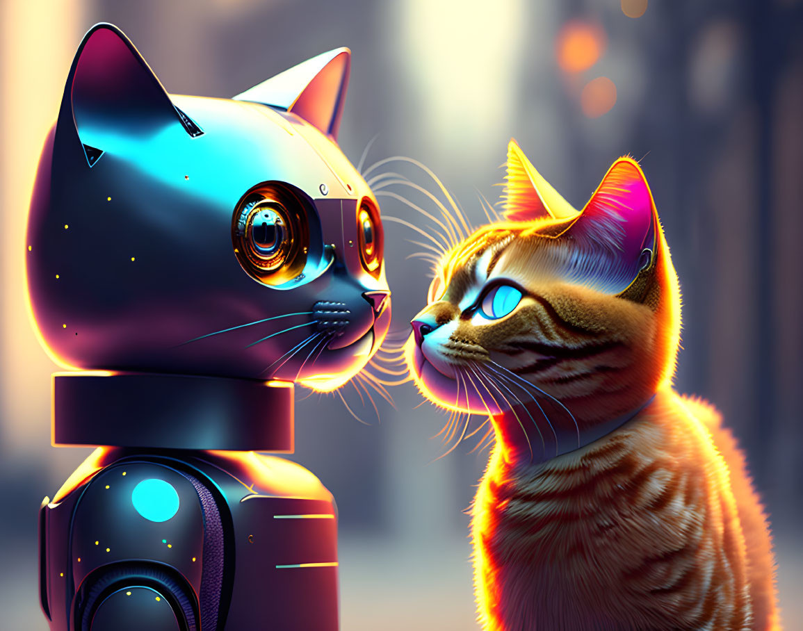 Realistic orange tabby cat meets robotic counterpart in blue and black design