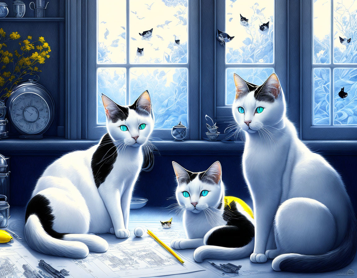 Three black and white cats by window with blue curtains watching birds