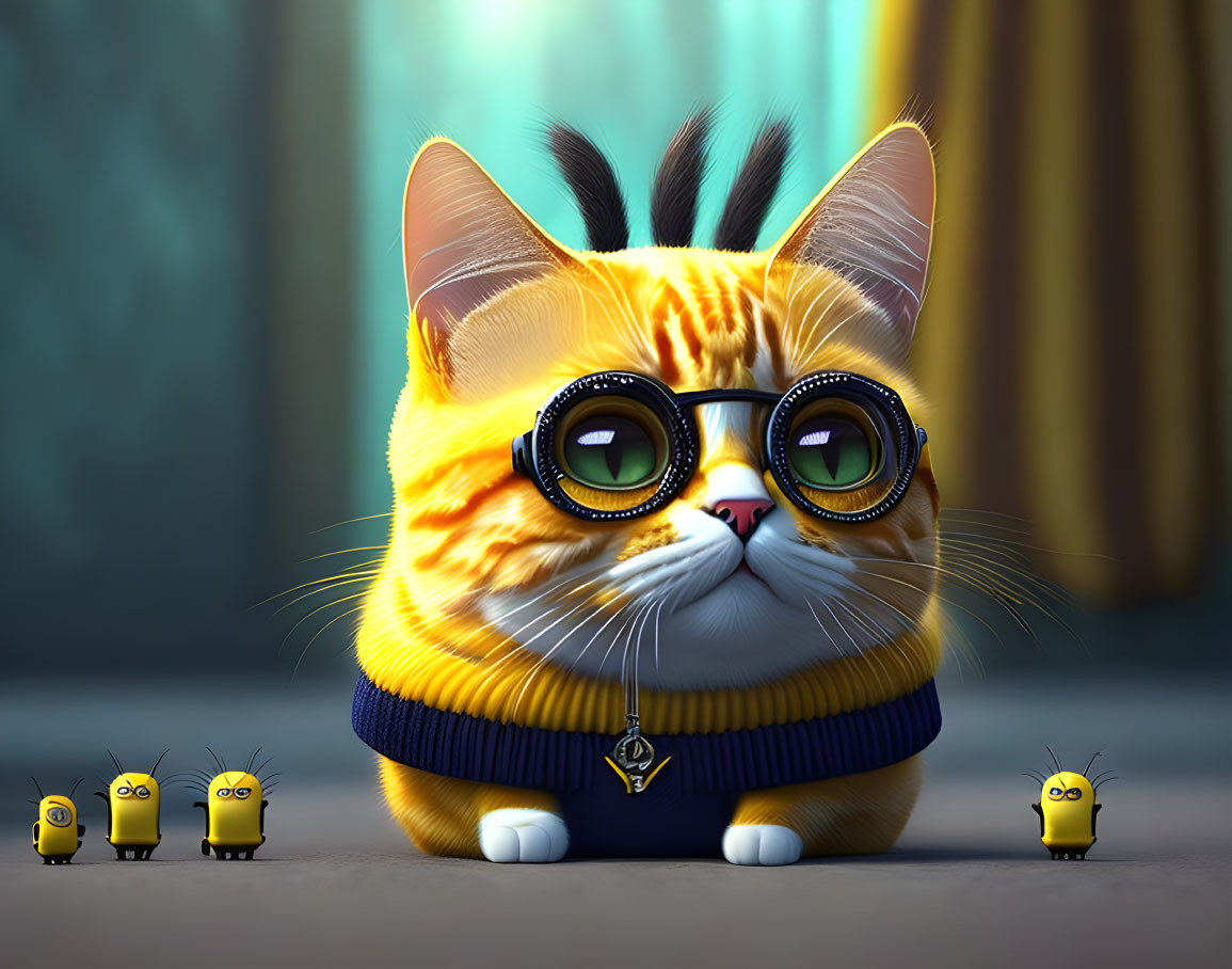 Orange Tabby Cat with Glasses and Minions in Blue Collar on Blurred Background