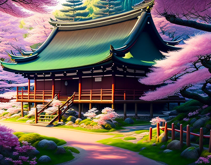 Japanese Temple Amid Pink Cherry Blossoms and Purple Sky