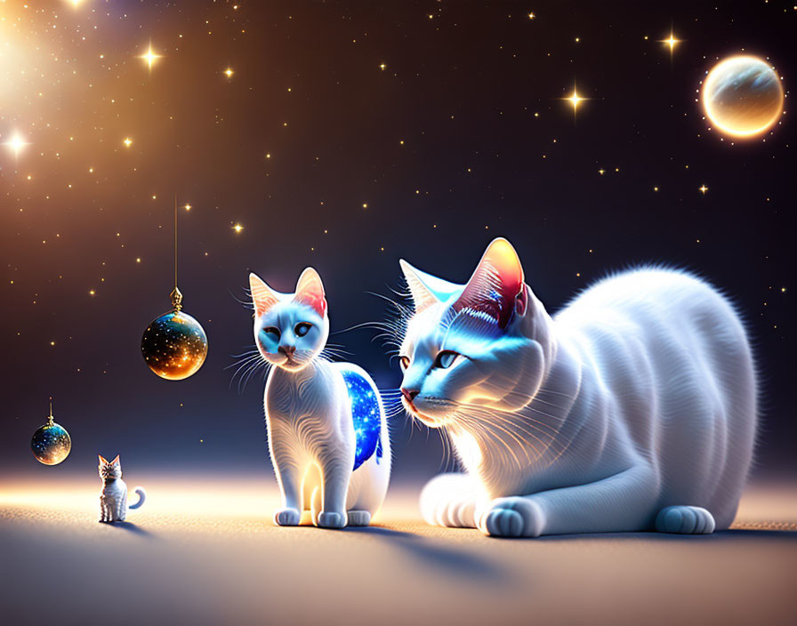 Three glowing cats under cosmic sky with hanging planets