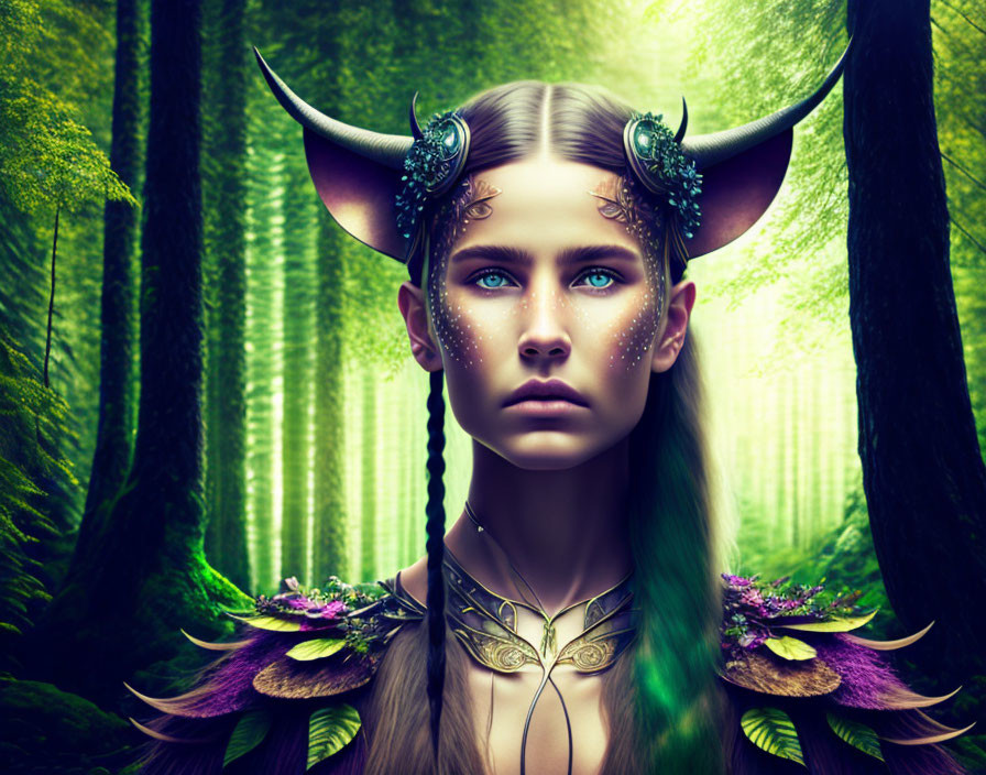 Mystical female with metalwork horns in enchanted forest landscape