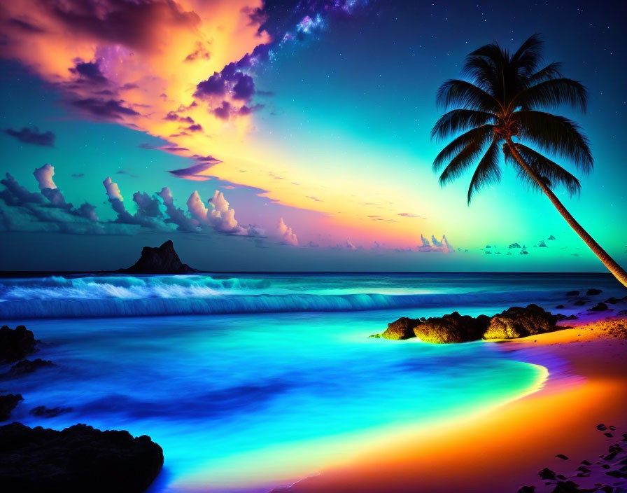 Twilight beach scene with palm tree, neon waves, starry sky