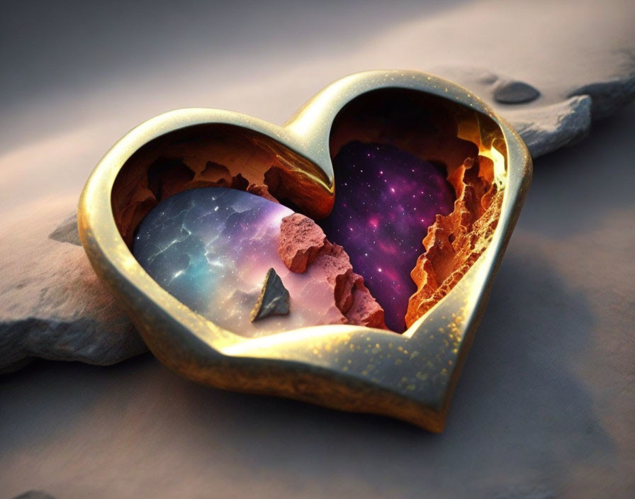 Heart-shaped locket opens to cosmic scene on sandy surface