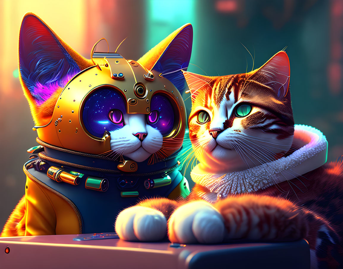 Whimsical stylized cats in space suit and cozy sweater