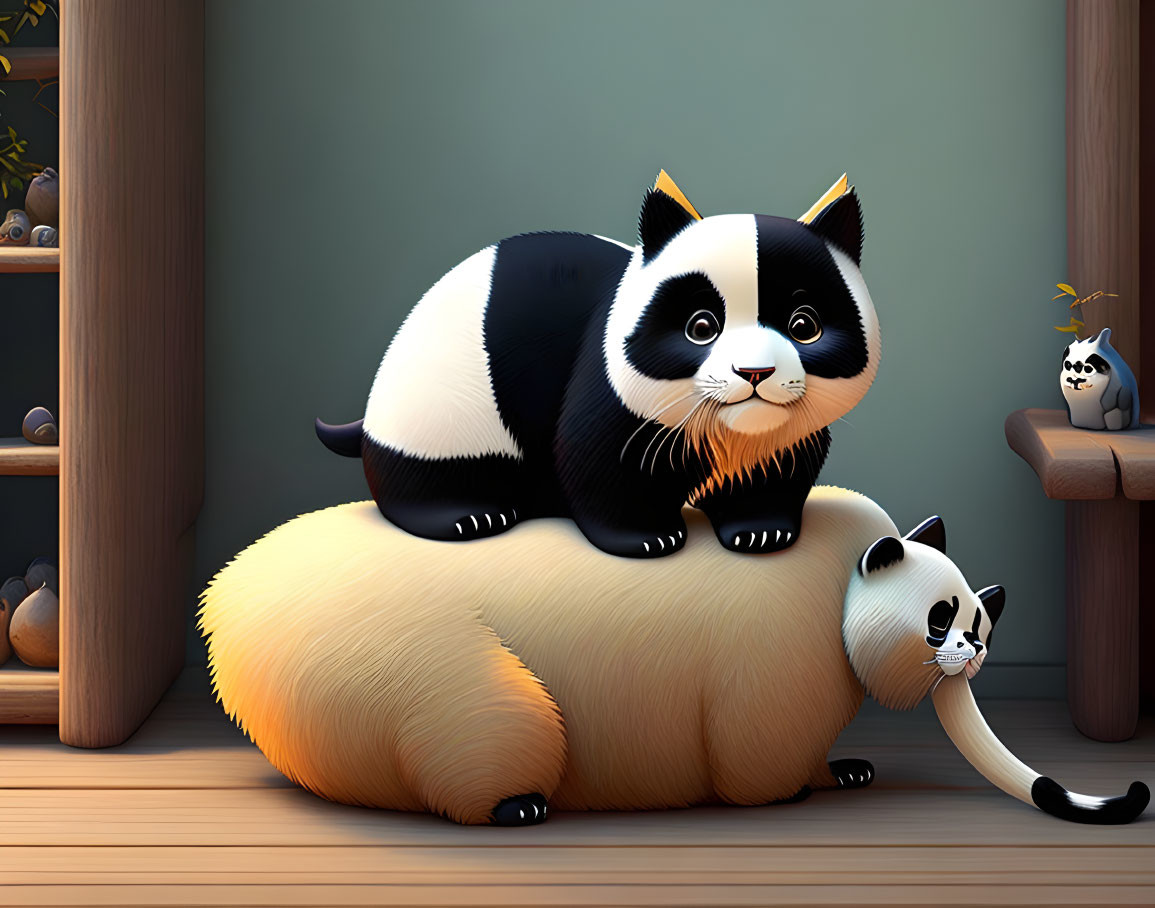 Chubby panda-like creature on fluffy tan animal with panda-lemur hybrid