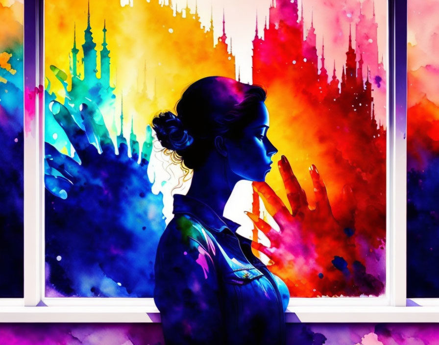 Profile silhouette of woman against neon cityscape with dripping paint effects.