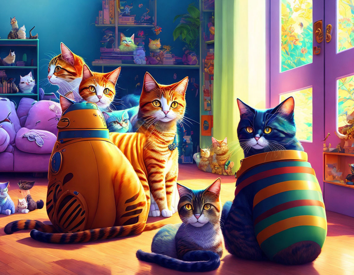 Vibrant Room with Four Cats and Toy Robots