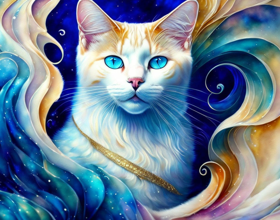 Blue-eyed cat with white and orange fur in cosmic swirls