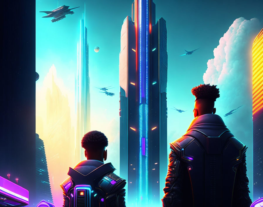 Futuristic armor-clad duo overlooking neon cityscape with skyscrapers and flying vehicles