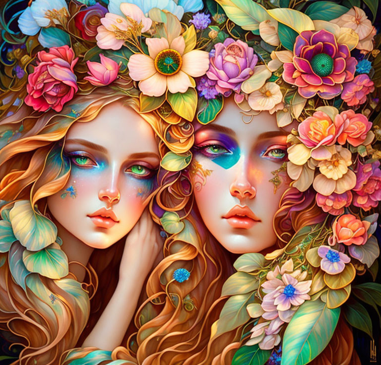 Digital artwork: Two women with floral crowns, vibrant makeup, and long wavy hair in a