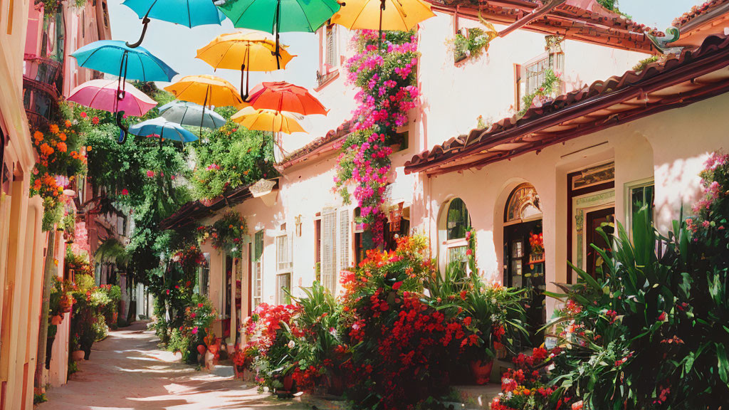 Cobblestone Alley with Flowering Plants and Colorful Umbrellas