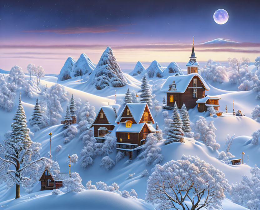 Snow-covered winter village at twilight with full moon