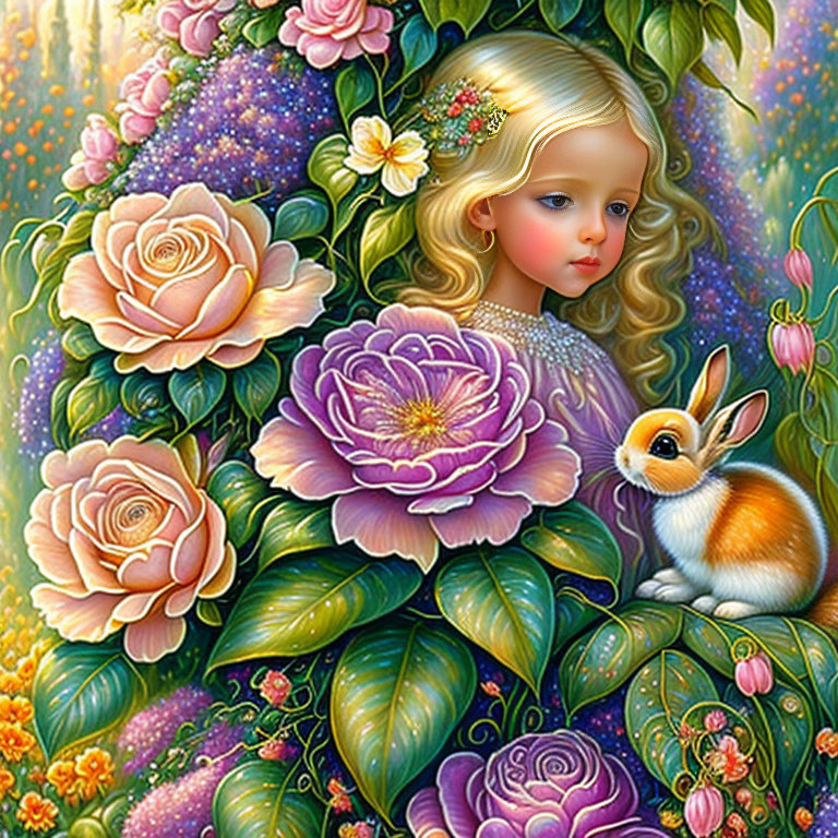 Blonde girl with flowers and bunny in colorful scene