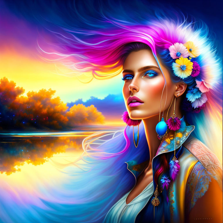 Colorful digital artwork: Woman with pink hair and flowers in serene sunset scene