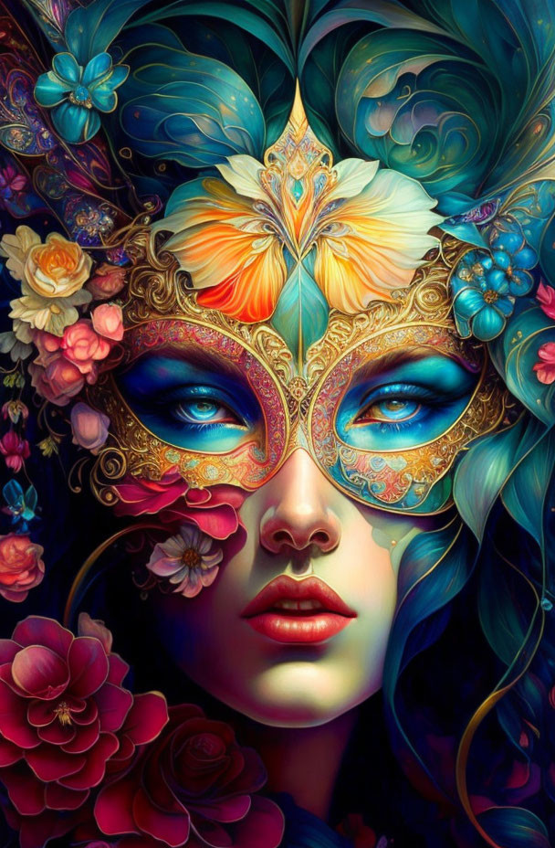 Illustration of woman with blue hair, floral crown, and golden butterfly masquerade mask.