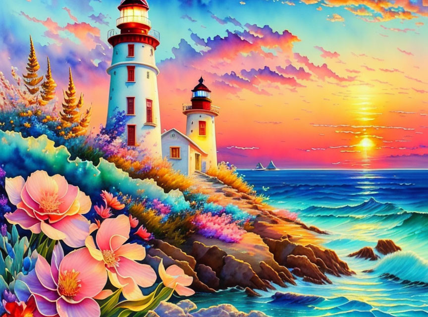 Vibrant digital painting: seaside lighthouse at sunset