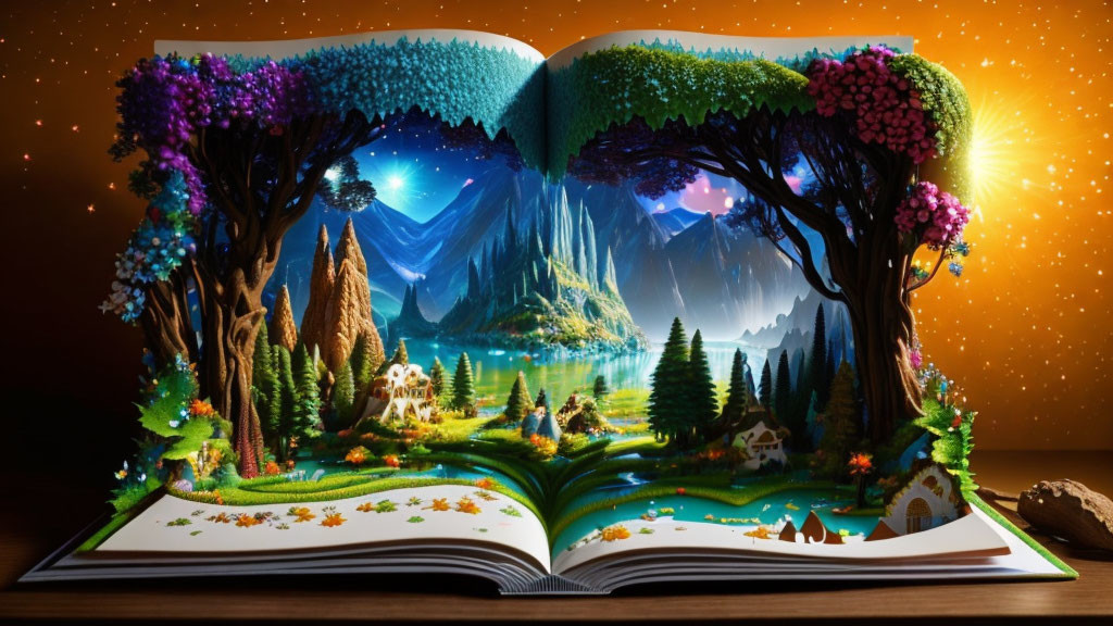 Vibrant fantastical landscape emerging from open book