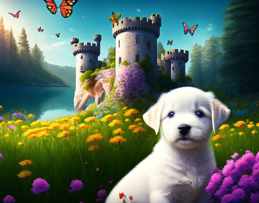 Fluffy white puppy in colorful fairytale landscape