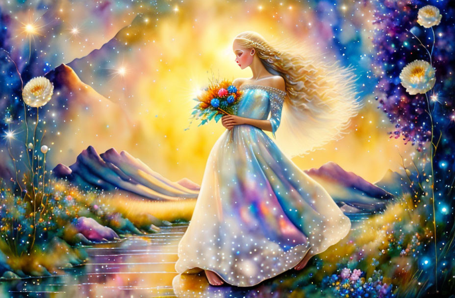 Woman with flowing hair holding bouquet in starlit fantasy landscape