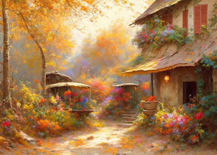 Cozy cottage in autumn setting with sunbeams and vibrant foliage