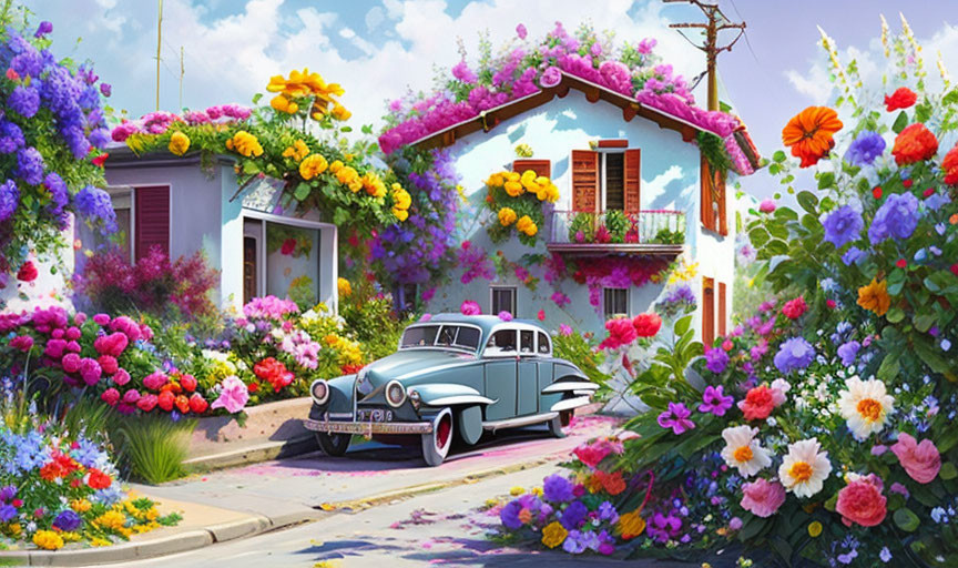 Vibrant illustration of a house with flowers and classic car