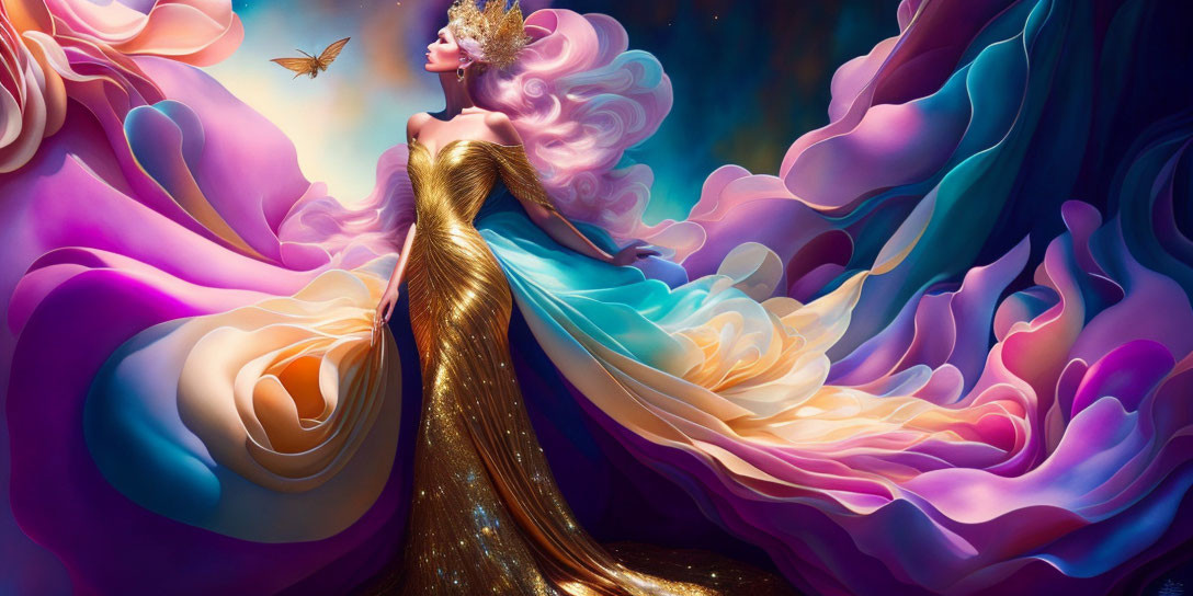 Vibrant digital artwork: Woman in flowing purple, blue, and gold gowns with butterfly.