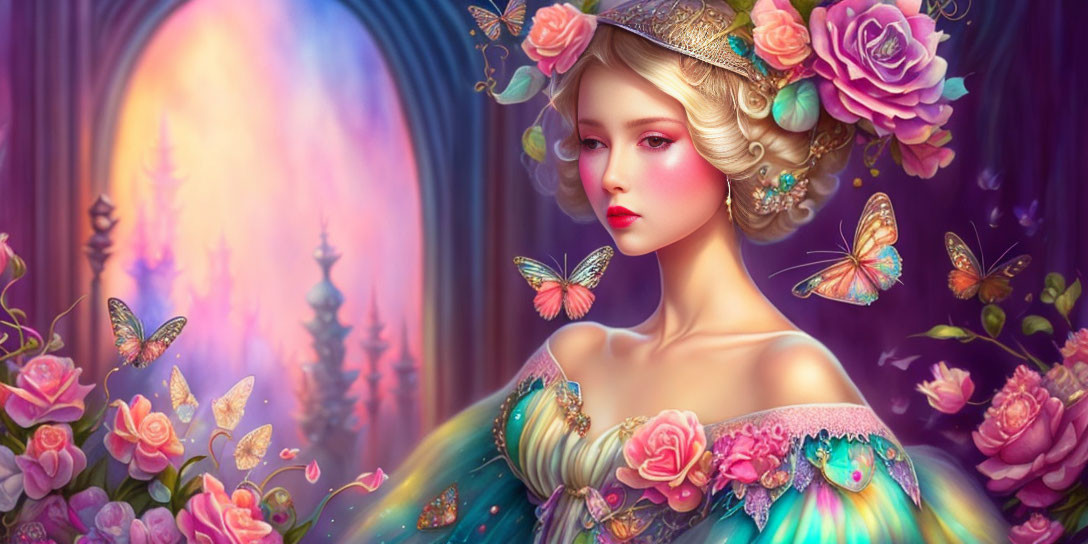 Illustration of woman with flowers and butterflies near enchanted forest gateway