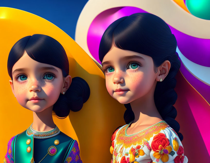 Colorful Outfits: Two Animated Girls with Big Eyes in Detailed Facial Features