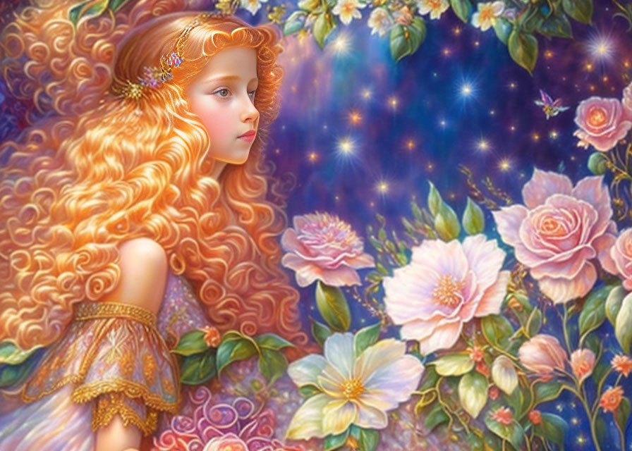 Golden-haired girl with leaf crown in yellow dress among stars and roses.