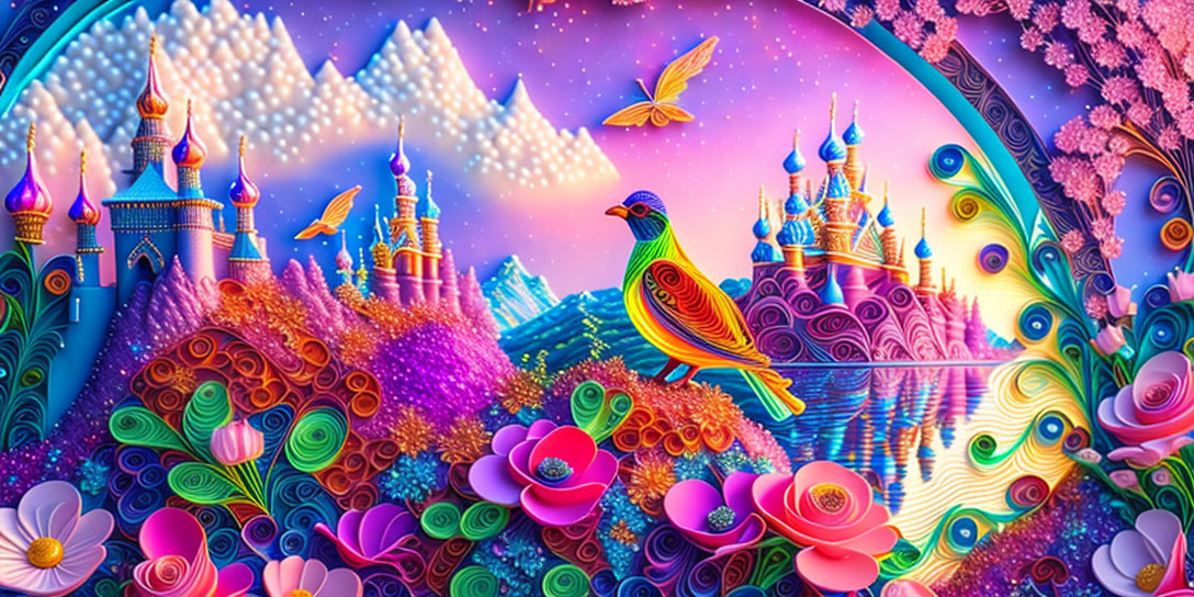 Colorful Bird, Castle, Mountains, Flora in Psychedelic Fantasy Landscape