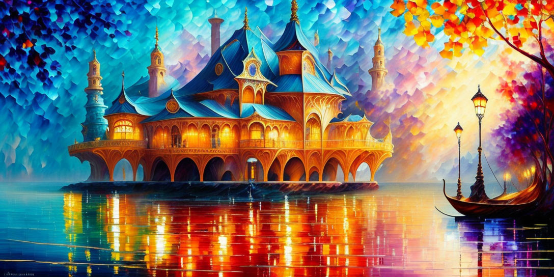 Fantastical painting of ornate castle on water with gondola, mosaic-like sky