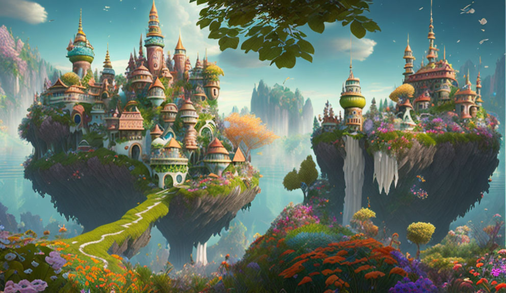 Colorful floating islands with intricate castles in a fantastical landscape