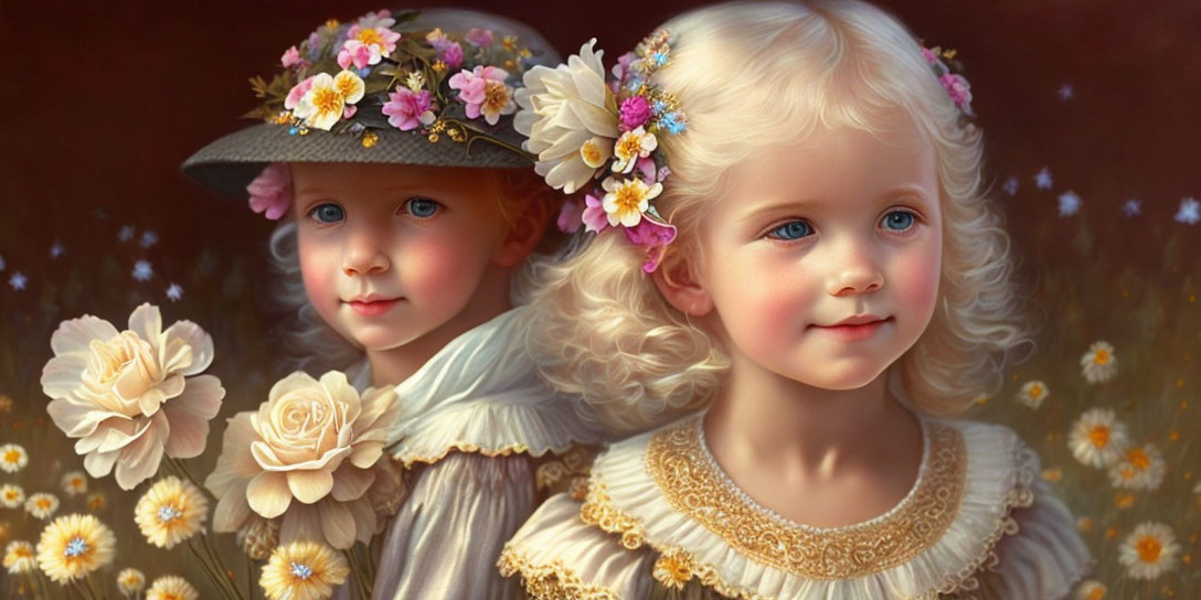 Children in floral hats and vintage dresses surrounded by blooming flowers.