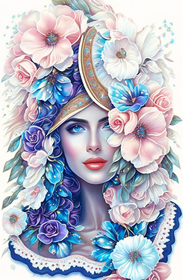 Detailed illustration of woman's face with vibrant blue and pink flowers, blue hair, and eyes