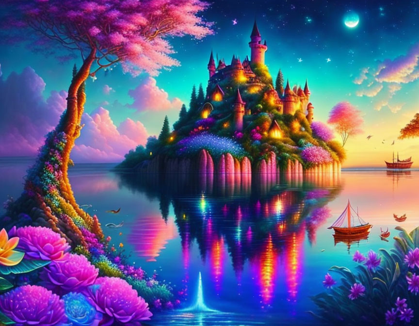 Colorful castle on island in vibrant fantasy landscape