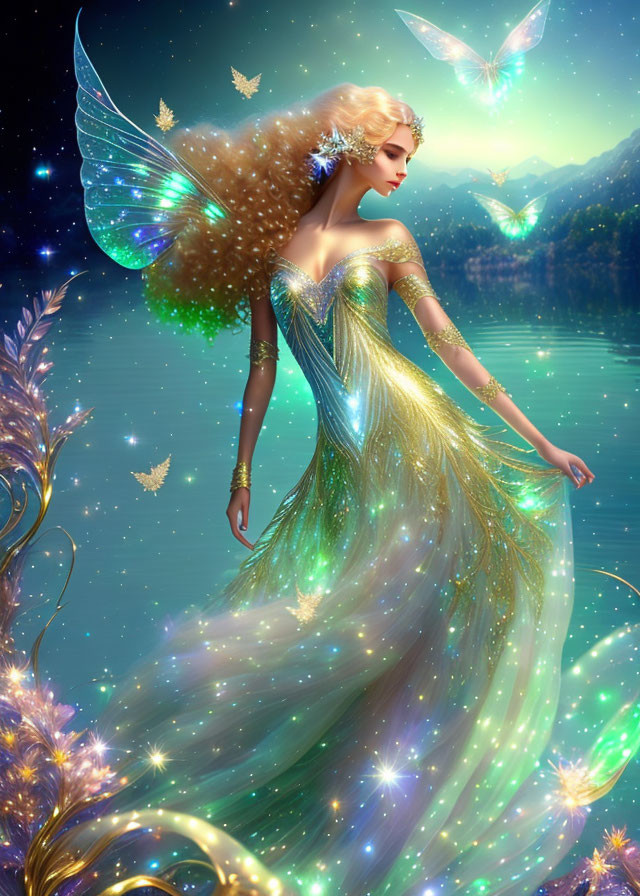 Ethereal woman with butterfly wings in twilight mountain landscape