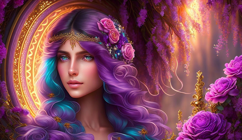 Mystical woman with purple-blue hair and golden headpiece surrounded by flowers and ornate patterns