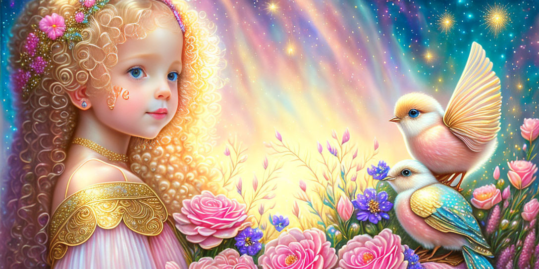 Young girl with curly hair in vibrant floral and cosmic setting