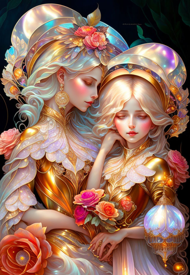 Ethereal women in golden armor embracing with flowers in their hair