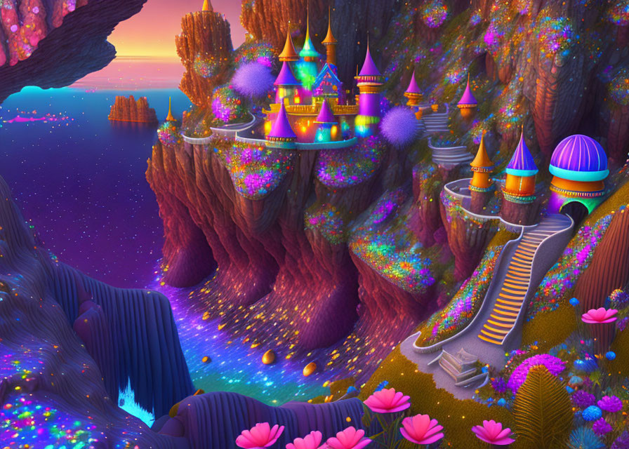 Colorful Fantasy Landscape with Castles, Glowing Plants, Waterfalls