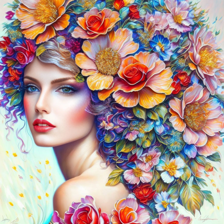 Vibrant floral headdress on woman with intricate flowers