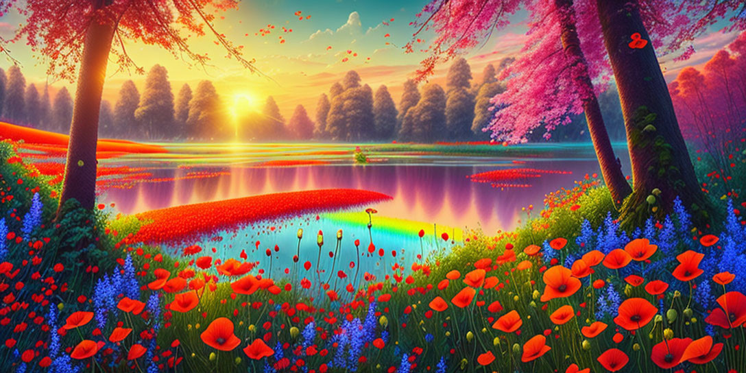 Colorful Sunset Landscape with Blooming Trees, Serene Lake, and Wildflowers