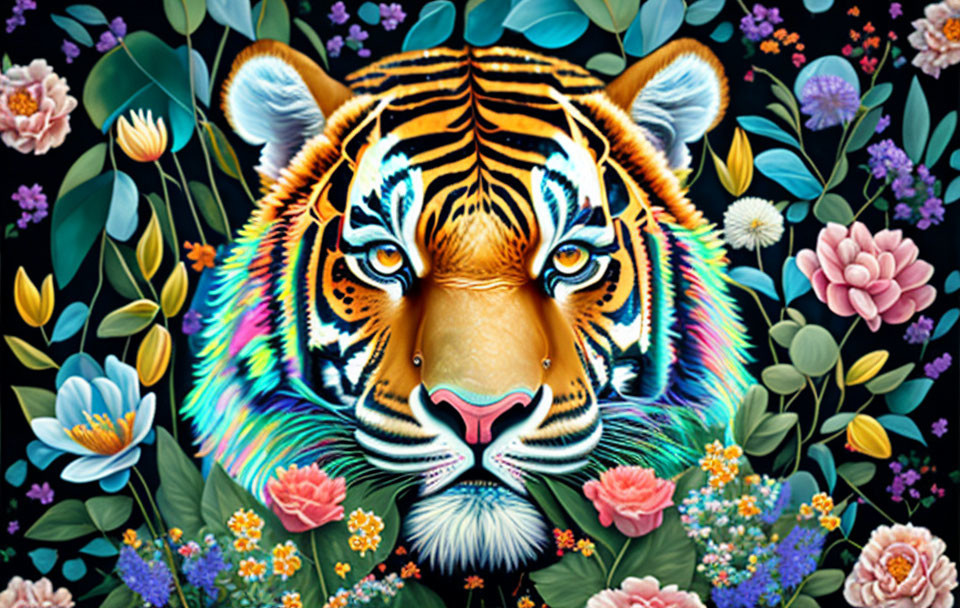 Colorful Tiger Face Illustration Surrounded by Flowers