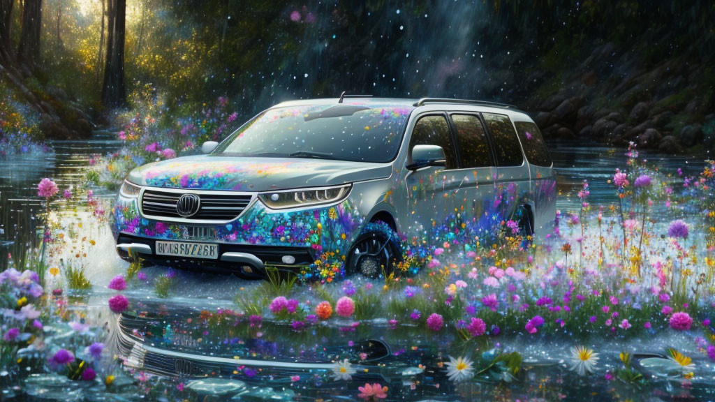 Vibrant flower-covered car in forest meadow with sunlight and water reflections